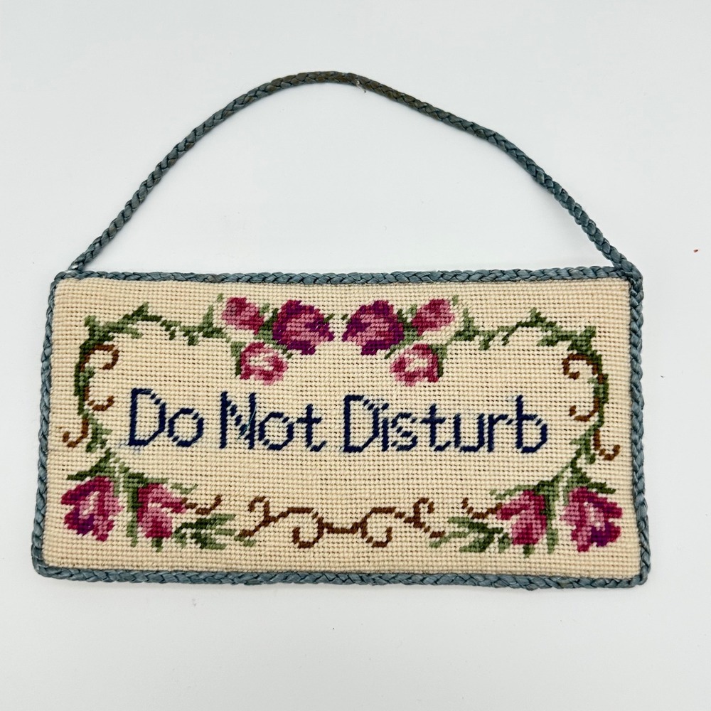 Door Hanger Do Not Disturb 7.5x4 Cream Vintage Needlepoint Floral Rose